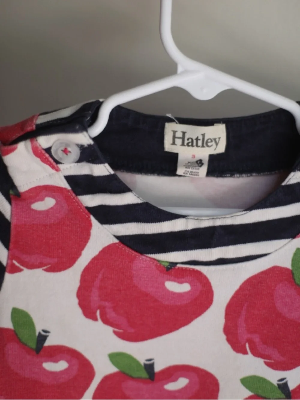 Hatley Apple Print Dress Girls Size 3 Red Apples Stripe Sleeve Vintage Style